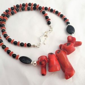 Handmade red coral & black agate necklace